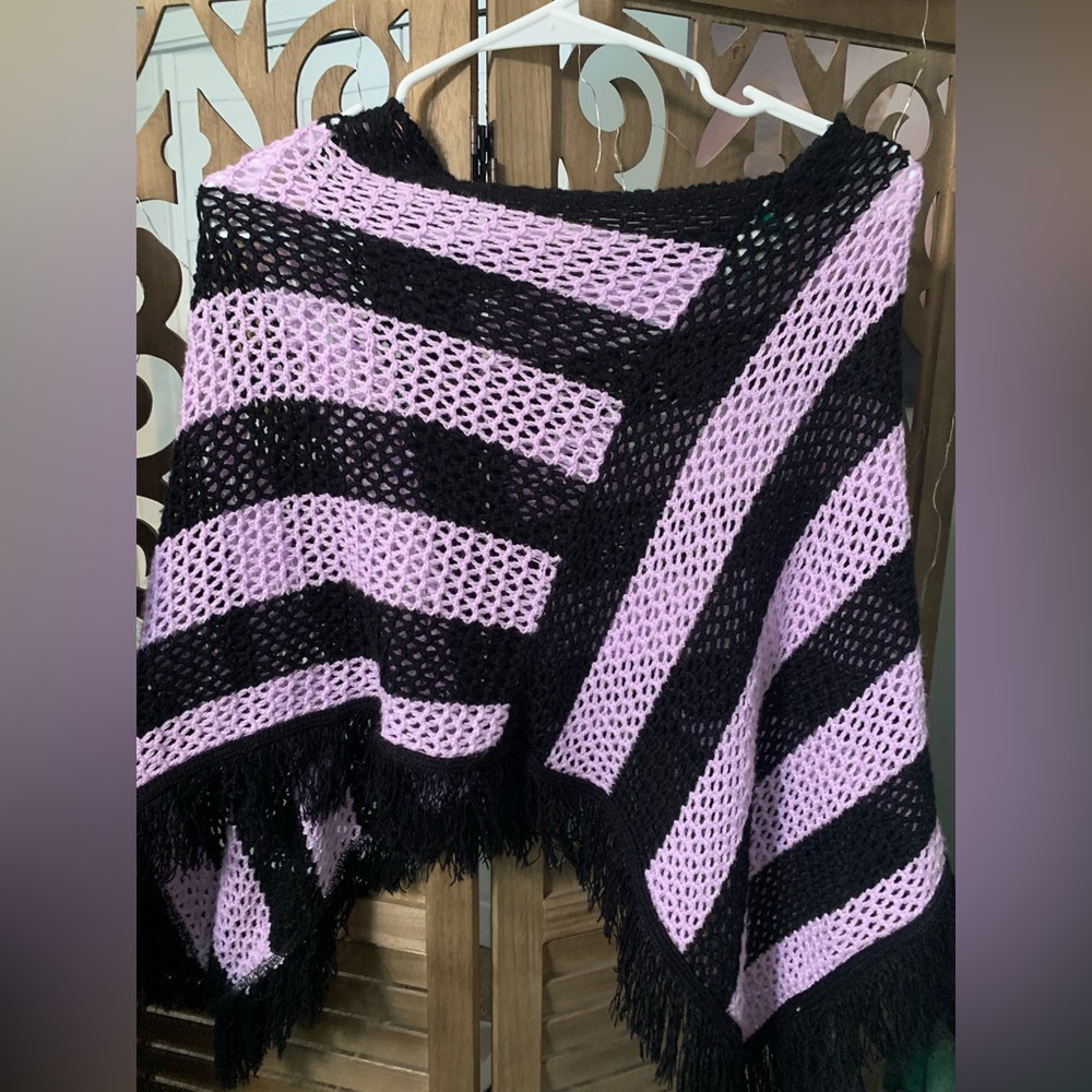 Purple and black knitted shawl